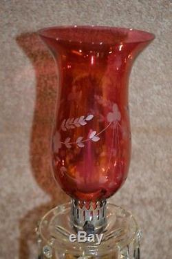 Vintage Hurricane Lamp withEtched Cranberry Glass Shades & Hanging Crystals