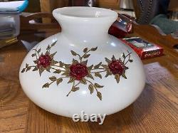 Vintage Hurricane Milk Glass Lamp Shade Red Floral. (RARE)