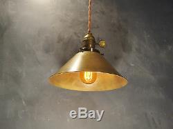 Vintage Industrial Hanging Light with Brass Cone Shade Machine Age Minimalist