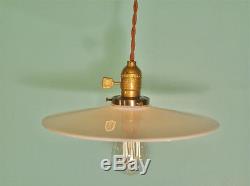 Vintage Industrial Hanging Light with Flat Lamp Shade Machine Age Milk Glass