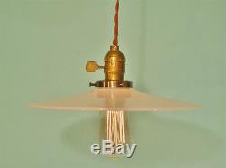 Vintage Industrial Hanging Light with Flat Lamp Shade Machine Age Milk Glass