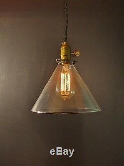Vintage Industrial Hanging Light with Glass Cone Shade -Machine Age Pendant Lamp