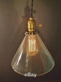 Vintage Industrial Hanging Light with Glass Cone Shade -Machine Age Pendant Lamp