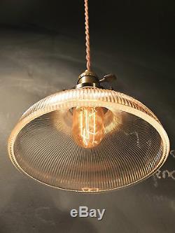 Vintage Industrial Holophane Shaded Pendant Lamp Hanging Light with Ribbed Glass
