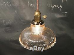 Vintage Industrial Holophane Shaded Pendant Lamp Hanging Light w/ Ribbed Glass