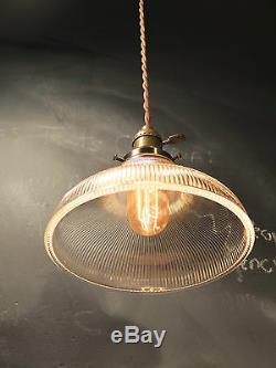 Vintage Industrial Holophane Shaded Pendant Lamp Hanging Light with Ribbed Glass