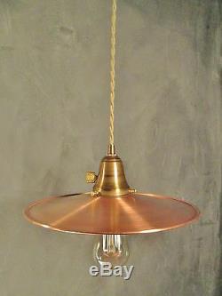 Vintage Industrial Pendant Light with Flat Copper Shade Steampunk Lamp