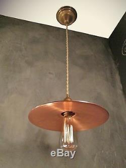 Vintage Industrial Pendant Light with Flat Copper Shade Steampunk Lamp