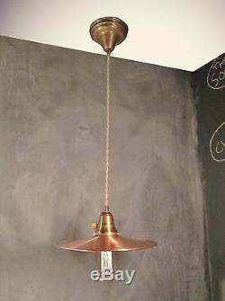 Vintage Industrial Pendant Light with Flat Copper Shade Steampunk Lamp