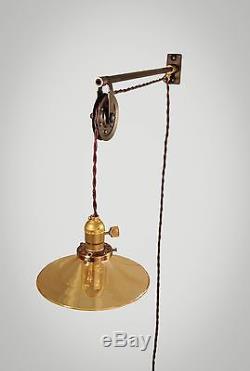Vintage Industrial Pulley Sconce Amber Glass Lamp Shade Wall Mount Light