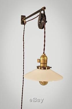 Vintage Industrial Pulley Sconce Opal Glass Lamp Shade Wall Mount Light