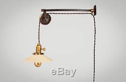 Vintage Industrial Pulley Sconce Opal Glass Lamp Shade Wall Mount Light