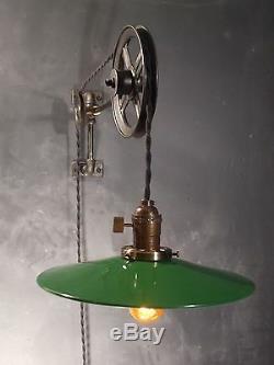 Vintage Industrial Pulley Sconce with Mirrored Reflector Shade Machine Age Light