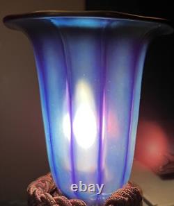 Vintage Iridescent Blue Aurene Art Glass Lamp Shade Trumpet 2 Fitter 5.75 H