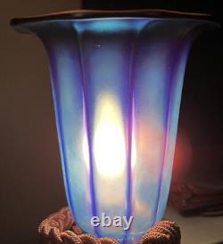 Vintage Iridescent Blue Aurene Art Glass Lamp Shade Trumpet 2 Fitter 5.75 H