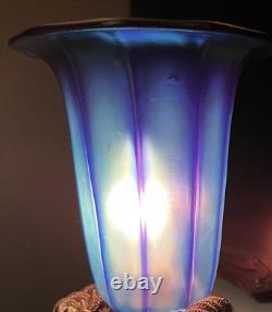 Vintage Iridescent Blue Aurene Art Glass Lamp Shade Trumpet 2 Fitter 5.75 H