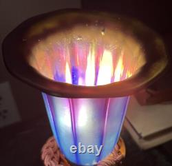 Vintage Iridescent Blue Aurene Art Glass Lamp Shade Trumpet 2 Fitter 5.75 H