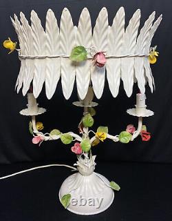 Vintage Italian Tole Flower Table Lamp Toleware Shade Polychrome Candelabra RARE