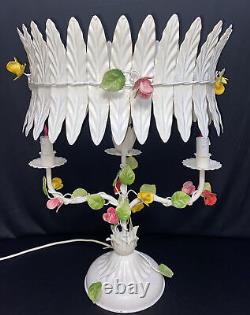 Vintage Italian Tole Flower Table Lamp Toleware Shade Polychrome Candelabra RARE