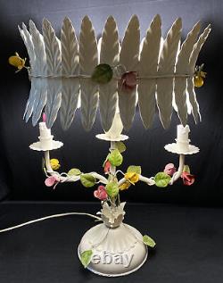 Vintage Italian Tole Flower Table Lamp Toleware Shade Polychrome Candelabra RARE