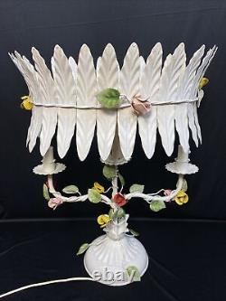 Vintage Italian Tole Flower Table Lamp Toleware Shade Polychrome Candelabra RARE