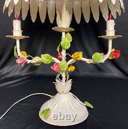 Vintage Italian Tole Flower Table Lamp Toleware Shade Polychrome Candelabra RARE