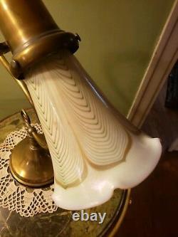 Vintage Lamp-Pulled Feather Iridescent Shade-Antique Fitter-Art Nouveau Style