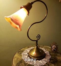 Vintage Lamp-Pulled Feather Iridescent Shade-Antique Fitter-Art Nouveau Style