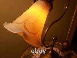 Vintage Lamp-Pulled Feather Iridescent Shade-Antique Fitter-Art Nouveau Style