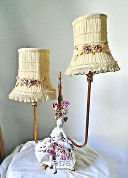 Vintage Lamp Ribbonwork On Pleated Chiffon Shades Porcelain Half Doll & Flowers