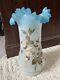 Vintage Lamp Shade Glass Blue Ruffled Edge 13 Hand Painted Gold Leaf