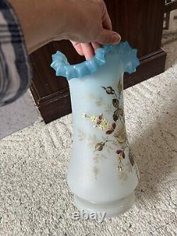 Vintage Lamp Shade Glass Blue Ruffled edge 13 Hand Painted Gold Leaf