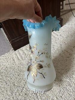 Vintage Lamp Shade Glass Blue Ruffled edge 13 Hand Painted Gold Leaf