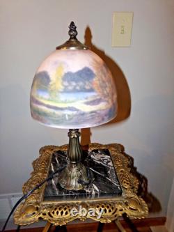 Vintage Lamp with Reverse painted Glass Shade Trees Lake