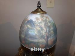 Vintage Lamp with Reverse painted Glass Shade Trees Lake