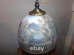 Vintage Lamp with Reverse painted Glass Shade Trees Lake