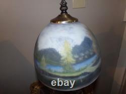 Vintage Lamp with Reverse painted Glass Shade Trees Lake