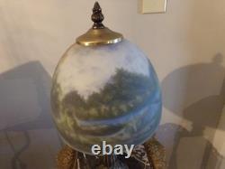 Vintage Lamp with Reverse painted Glass Shade Trees Lake