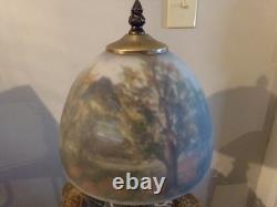 Vintage Lamp with Reverse painted Glass Shade Trees Lake