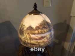 Vintage Lamp with Reverse painted Glass Shade Trees Lake