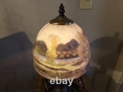 Vintage Lamp with Reverse painted Glass Shade Trees Lake
