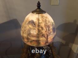 Vintage Lamp with Reverse painted Glass Shade Trees Lake