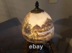 Vintage Lamp with Reverse painted Glass Shade Trees Lake