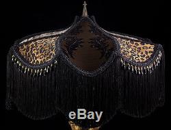 Vintage Lampshade Black, Brown And Antique White Damask Leopard Beaded Fringed