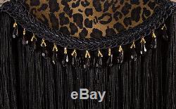 Vintage Lampshade Black, Brown And Antique White Damask Leopard Beaded Fringed