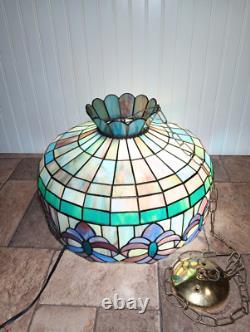 Vintage Large 19.5 Tiffany Style Stained Glass Hanging Ceiling Lamp Shade