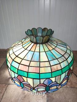 Vintage Large 19.5 Tiffany Style Stained Glass Hanging Ceiling Lamp Shade