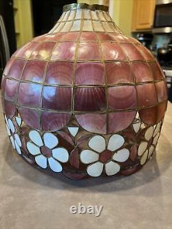 Vintage Large Capiz Shell Pink Flower Hanging Lamp Shade Brass