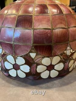 Vintage Large Capiz Shell Pink Flower Hanging Lamp Shade Brass