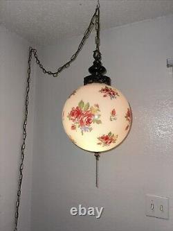 Vintage Large Globe Hanging Floral Rose White Globe Lamp Electric Cord